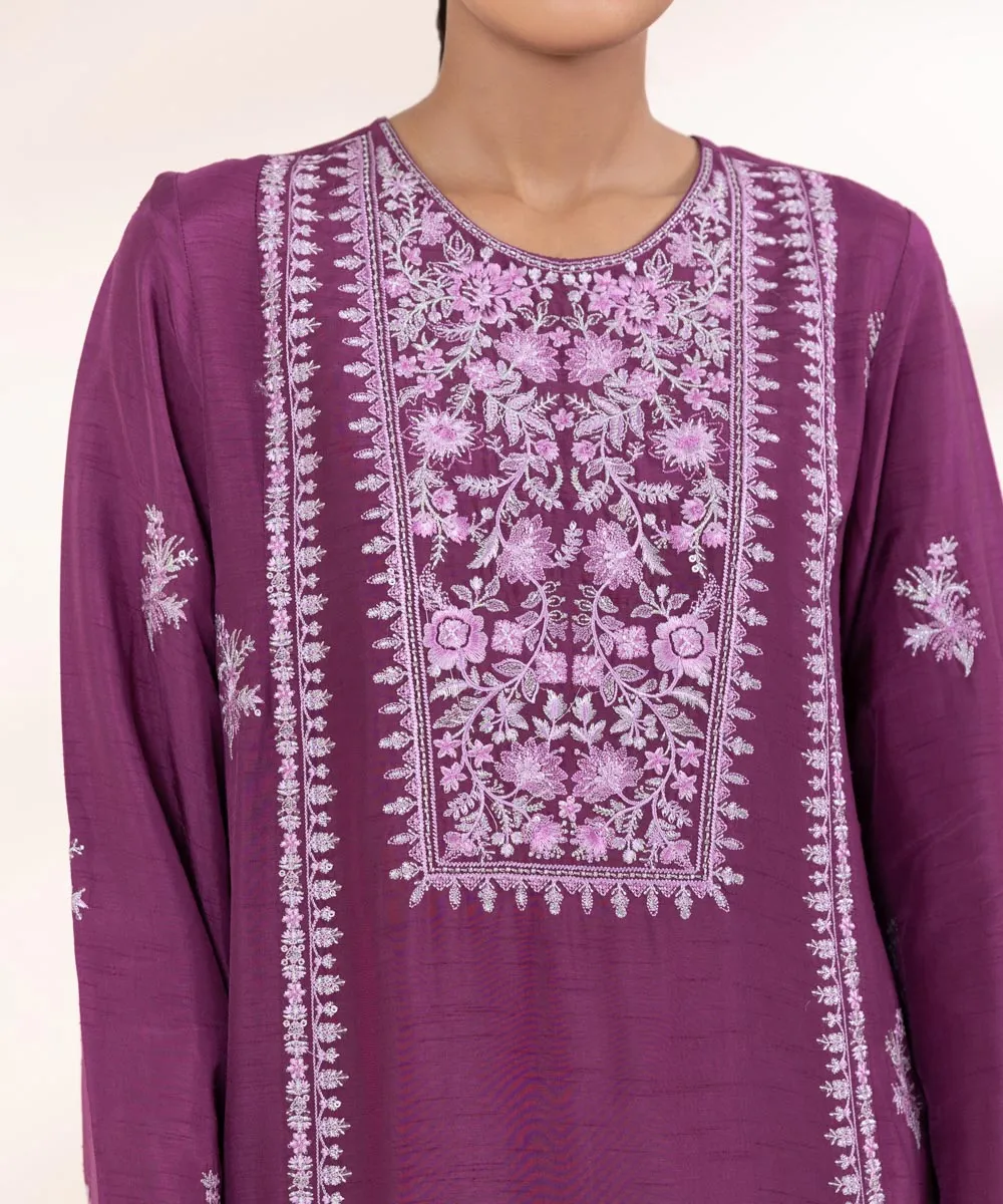 3 Piece - Embroidered Raw Silk Suit