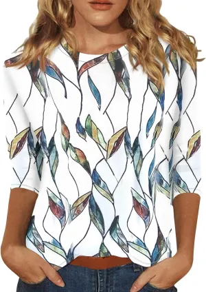 3/4 Length Sleeve Womens Tops Trendy Boho Floral Print Tunic Tops Dressy Casual Round Neck Loose Blouse