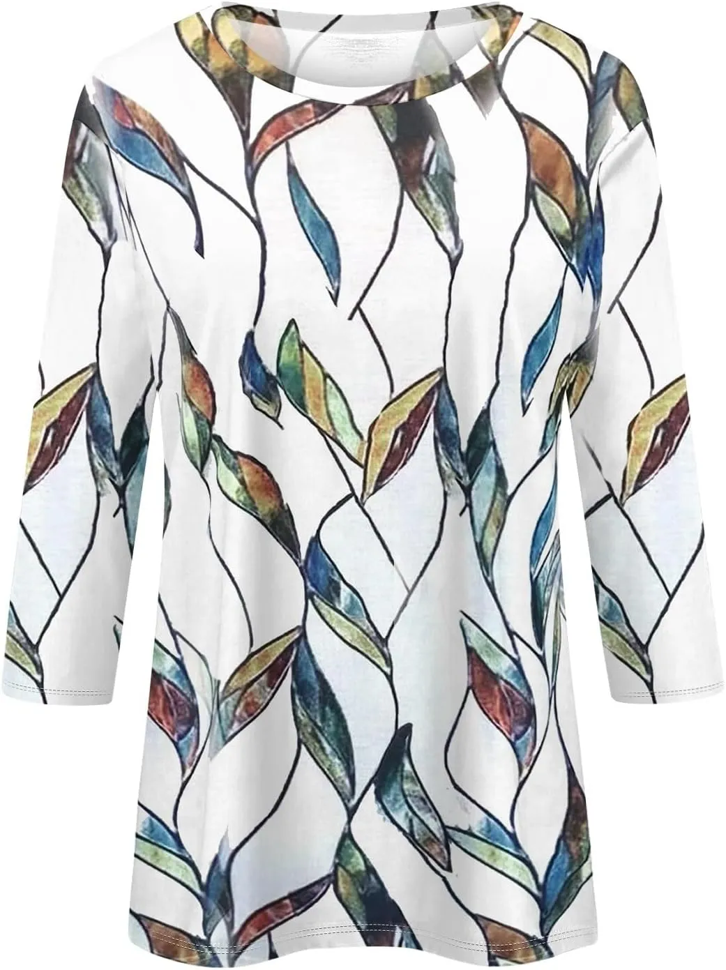 3/4 Length Sleeve Womens Tops Trendy Boho Floral Print Tunic Tops Dressy Casual Round Neck Loose Blouse