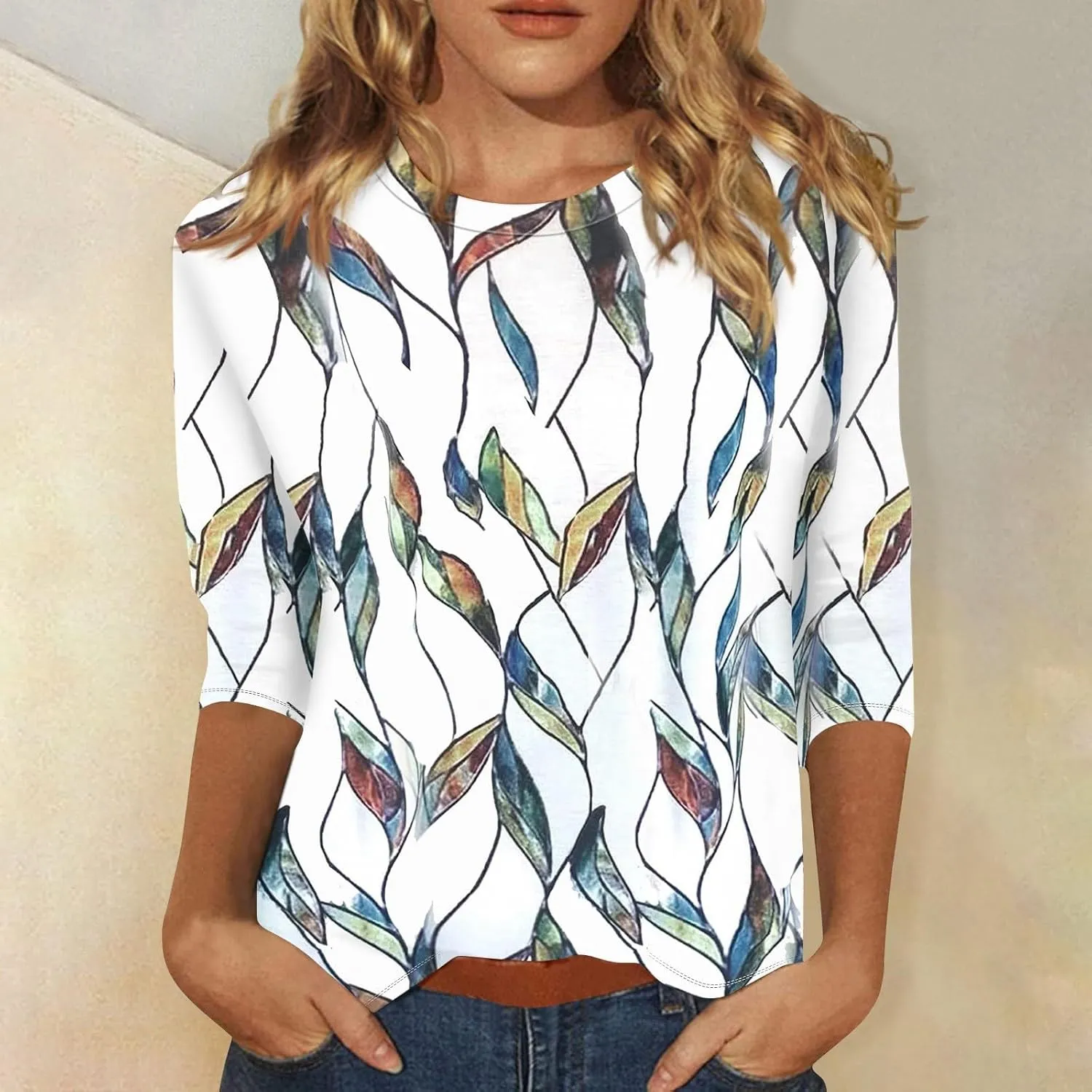 3/4 Length Sleeve Womens Tops Trendy Boho Floral Print Tunic Tops Dressy Casual Round Neck Loose Blouse