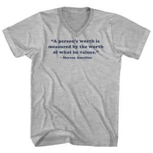 A Person's Worth Is Measured By The Worth Of What He Values.- Marcus Aurelius Quote Tees Adult Cotton V-neck T-shirt