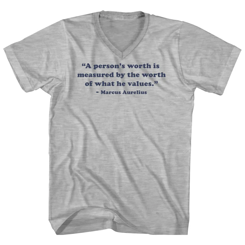 A Person's Worth Is Measured By The Worth Of What He Values.- Marcus Aurelius Quote Tees Adult Cotton V-neck T-shirt
