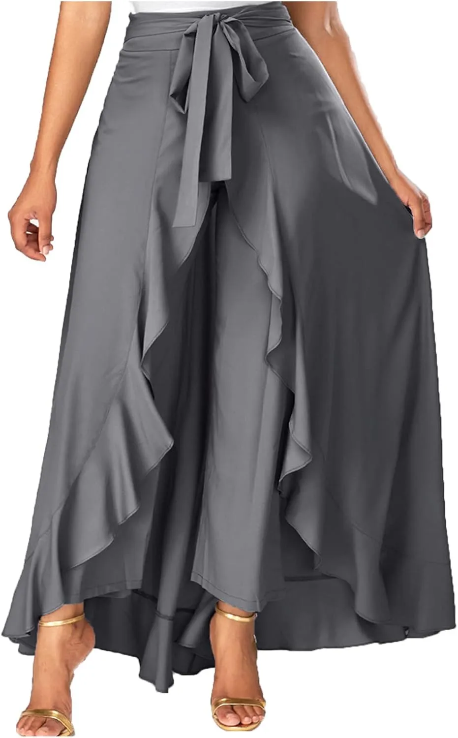 Akklian Womens Casual Hakama Irregular High Waisted Long Culottes Skirt Trendy Wedding Guest Dress Formal Dresses Flowy Skirt