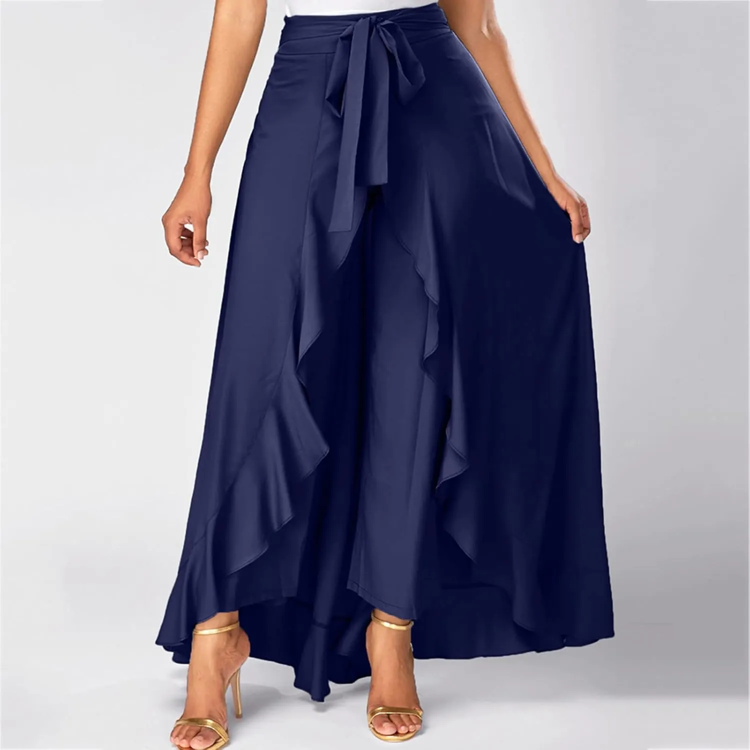 Akklian Womens Casual Hakama Irregular High Waisted Long Culottes Skirt Trendy Wedding Guest Dress Formal Dresses Flowy Skirt