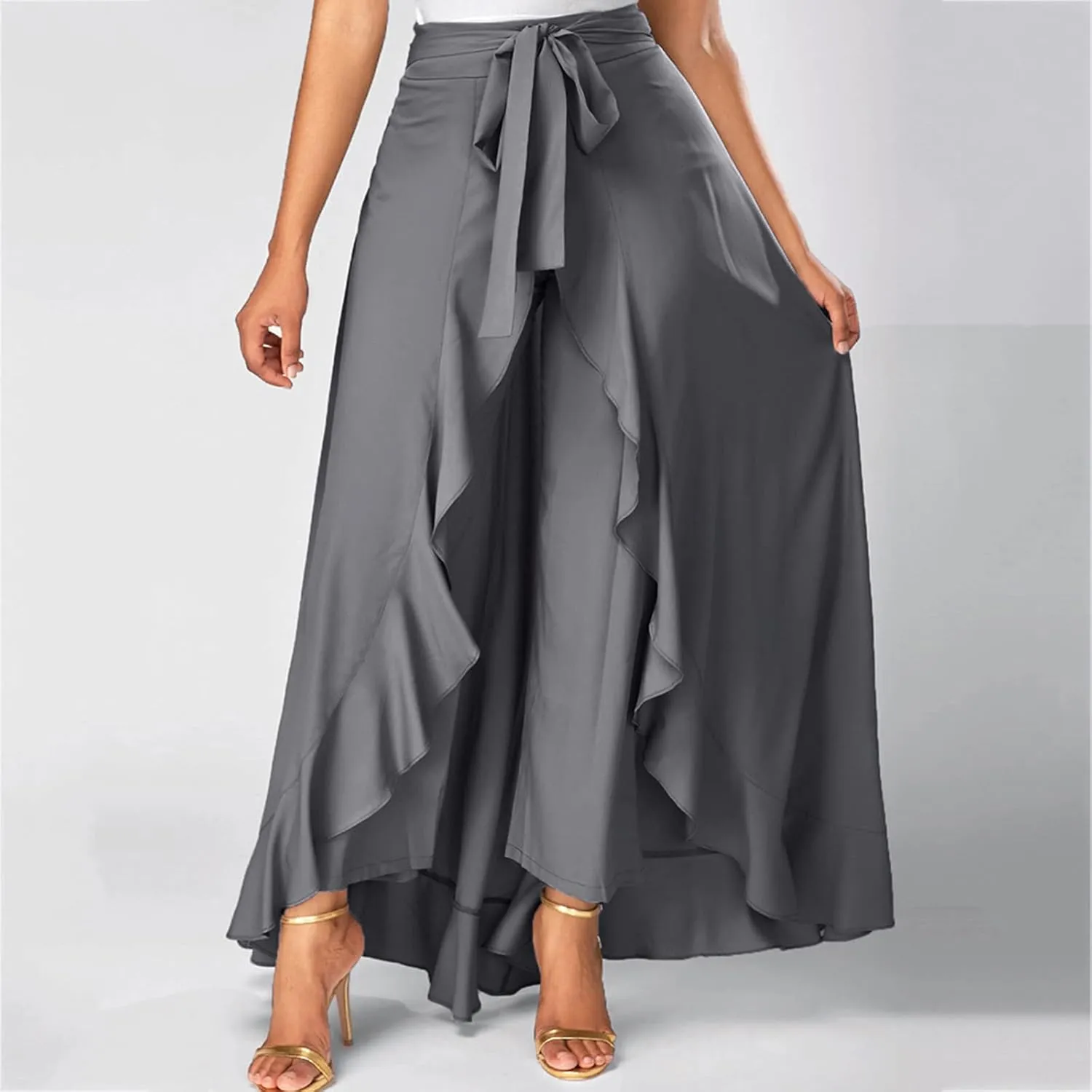 Akklian Womens Casual Hakama Irregular High Waisted Long Culottes Skirt Trendy Wedding Guest Dress Formal Dresses Flowy Skirt