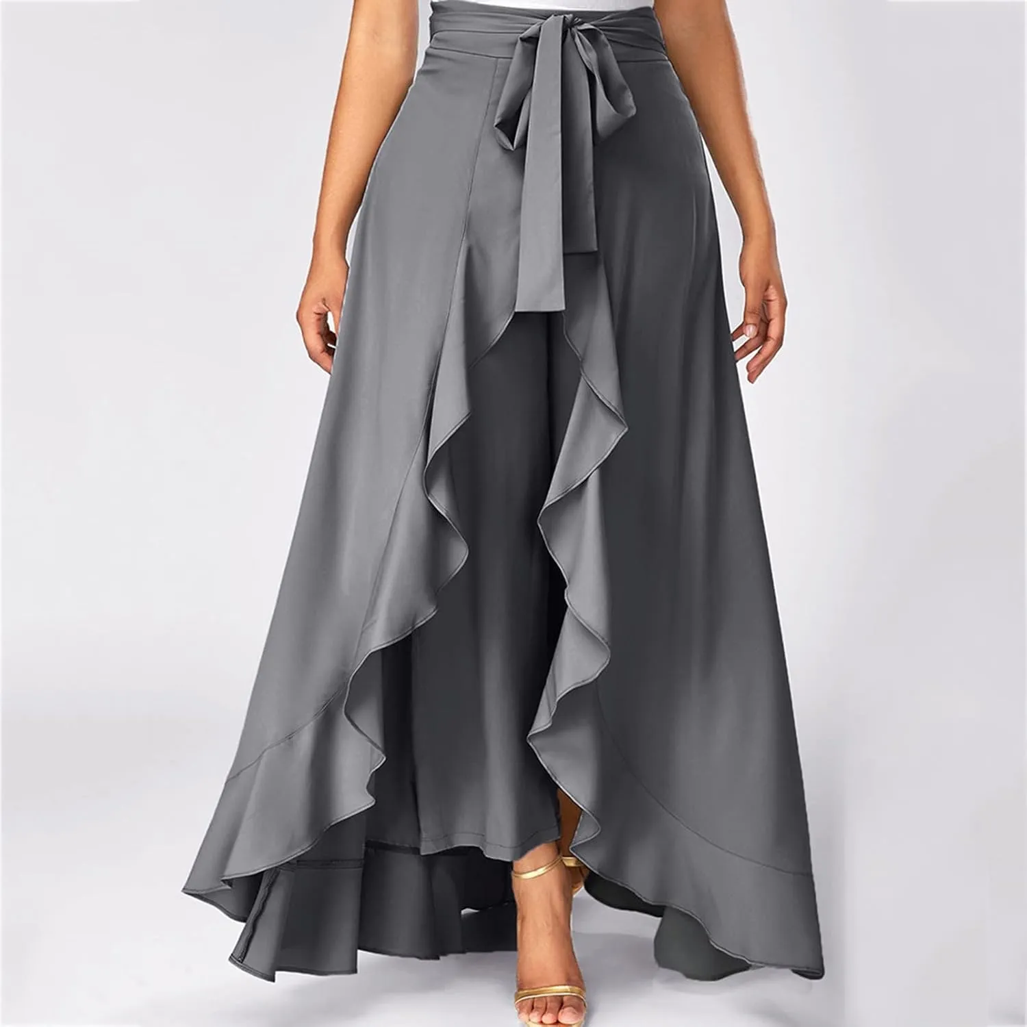 Akklian Womens Casual Hakama Irregular High Waisted Long Culottes Skirt Trendy Wedding Guest Dress Formal Dresses Flowy Skirt