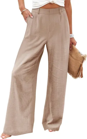 Angerella Women Wide Leg Pants High Elastic Waisted in The Back Business Work Trousers Long Casual Pants with Pockets