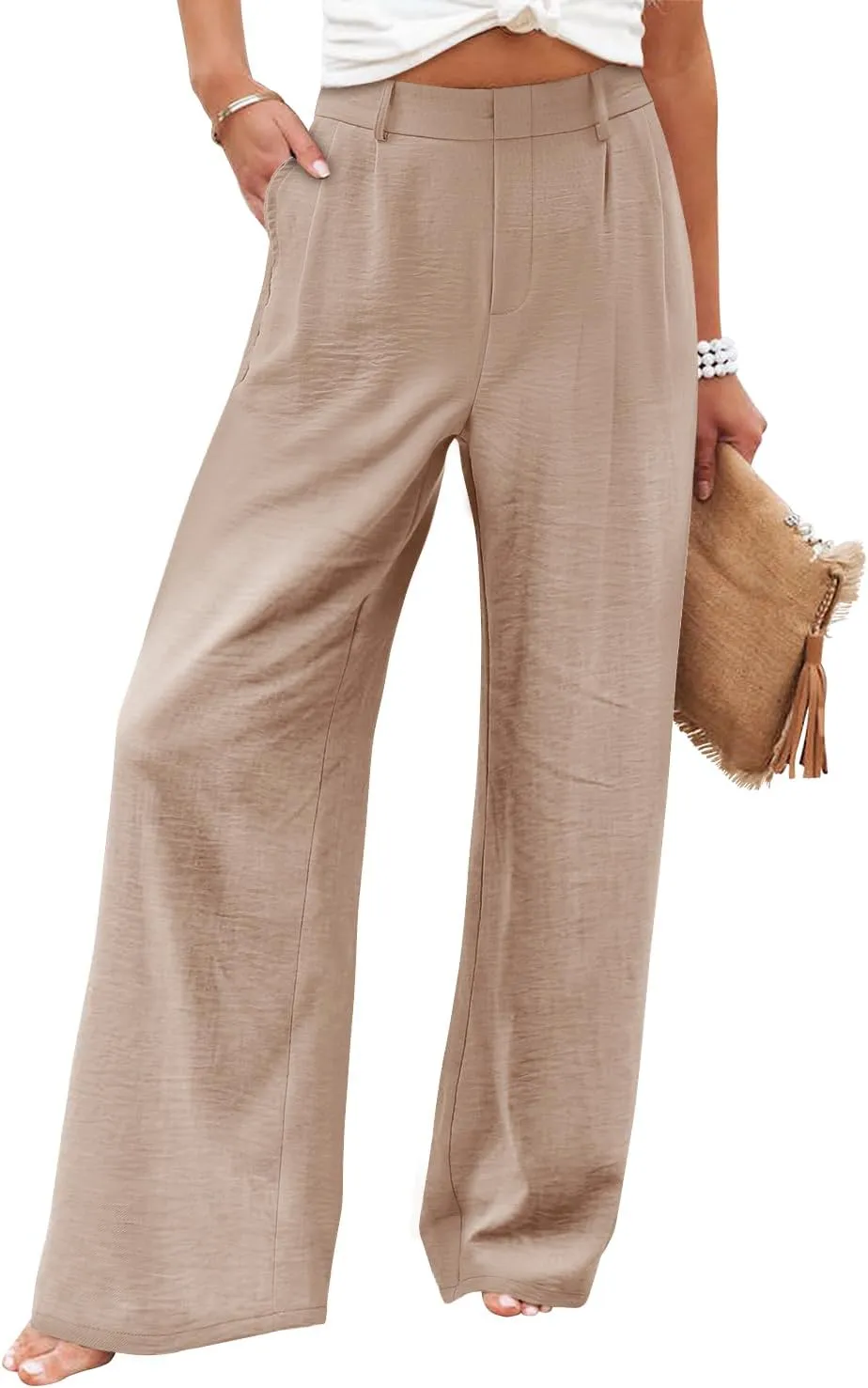 Angerella Women Wide Leg Pants High Elastic Waisted in The Back Business Work Trousers Long Casual Pants with Pockets