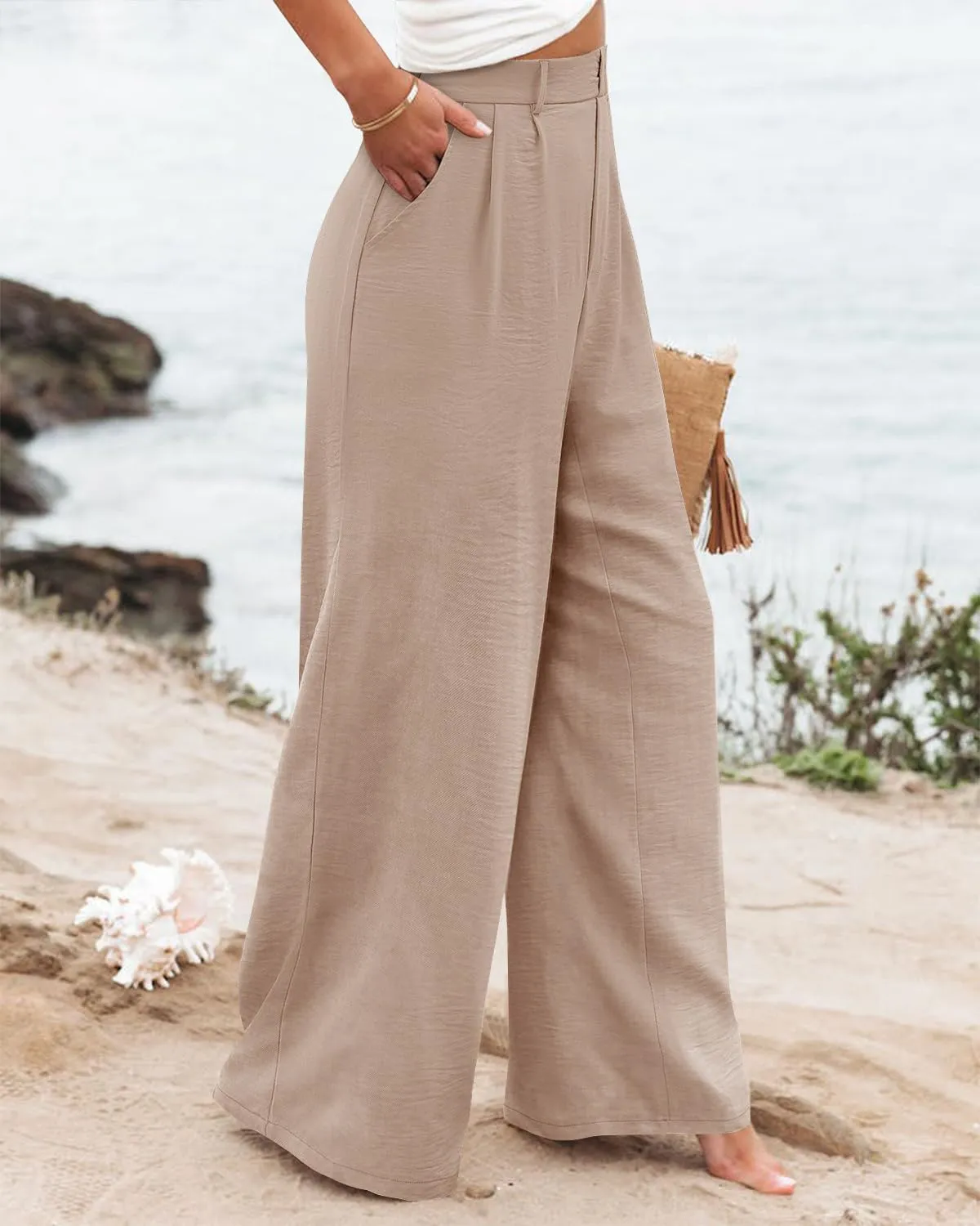 Angerella Women Wide Leg Pants High Elastic Waisted in The Back Business Work Trousers Long Casual Pants with Pockets