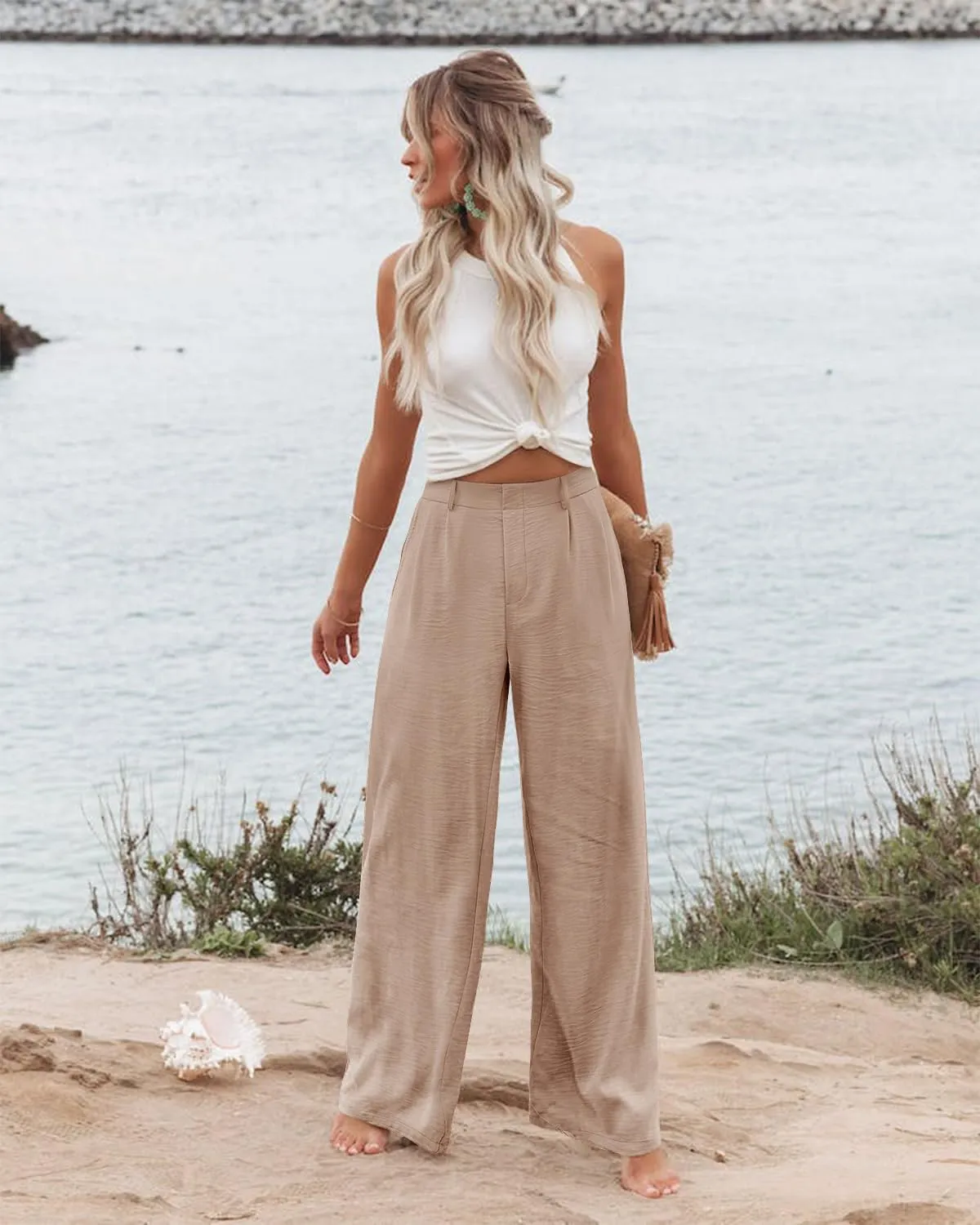 Angerella Women Wide Leg Pants High Elastic Waisted in The Back Business Work Trousers Long Casual Pants with Pockets