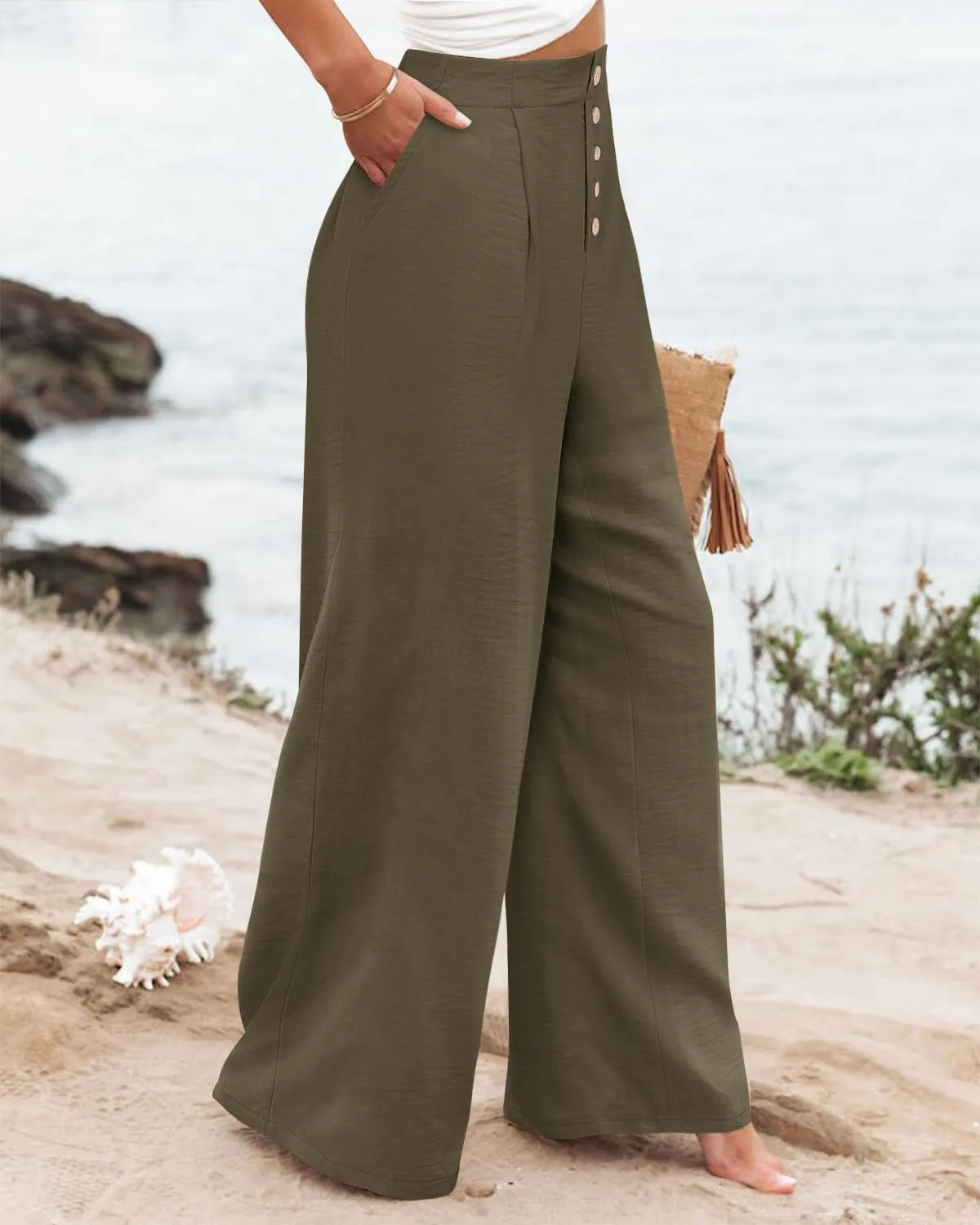 Angerella Women's Casual Wide Leg Pants High Elastic Waisted in The Back Business Work Trousers Long Pants with Pocket