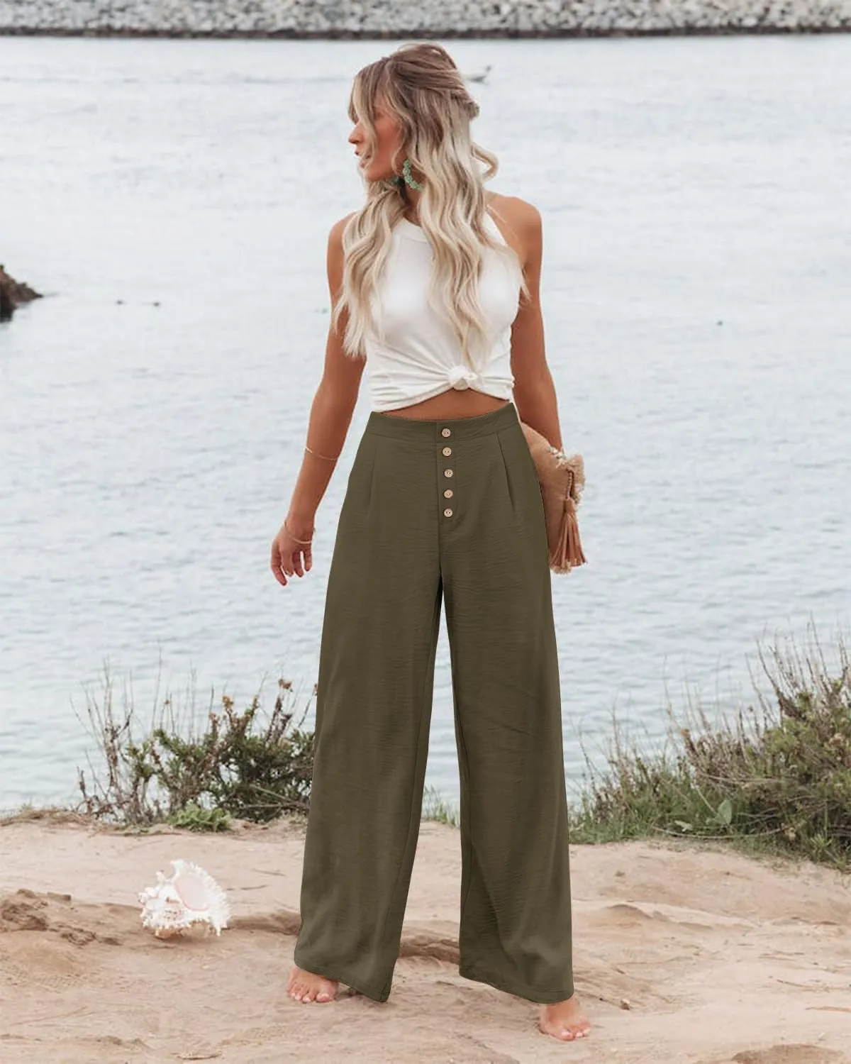 Angerella Women's Casual Wide Leg Pants High Elastic Waisted in The Back Business Work Trousers Long Pants with Pocket