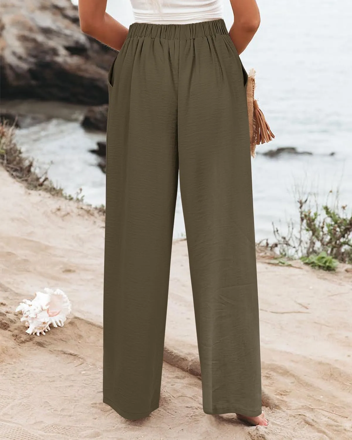 Angerella Women's Casual Wide Leg Pants High Elastic Waisted in The Back Business Work Trousers Long Pants with Pocket