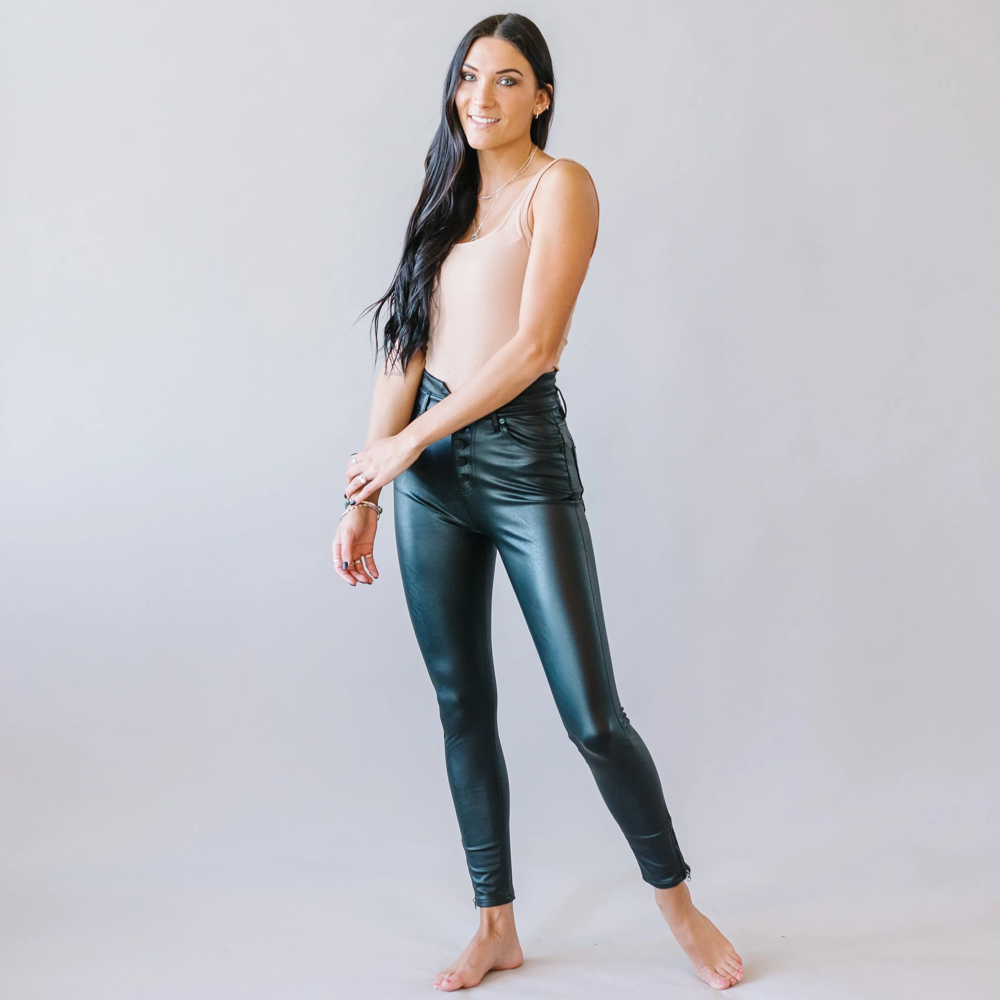 Black Magic Faux Leather Ankle Skinnies by Kancan
