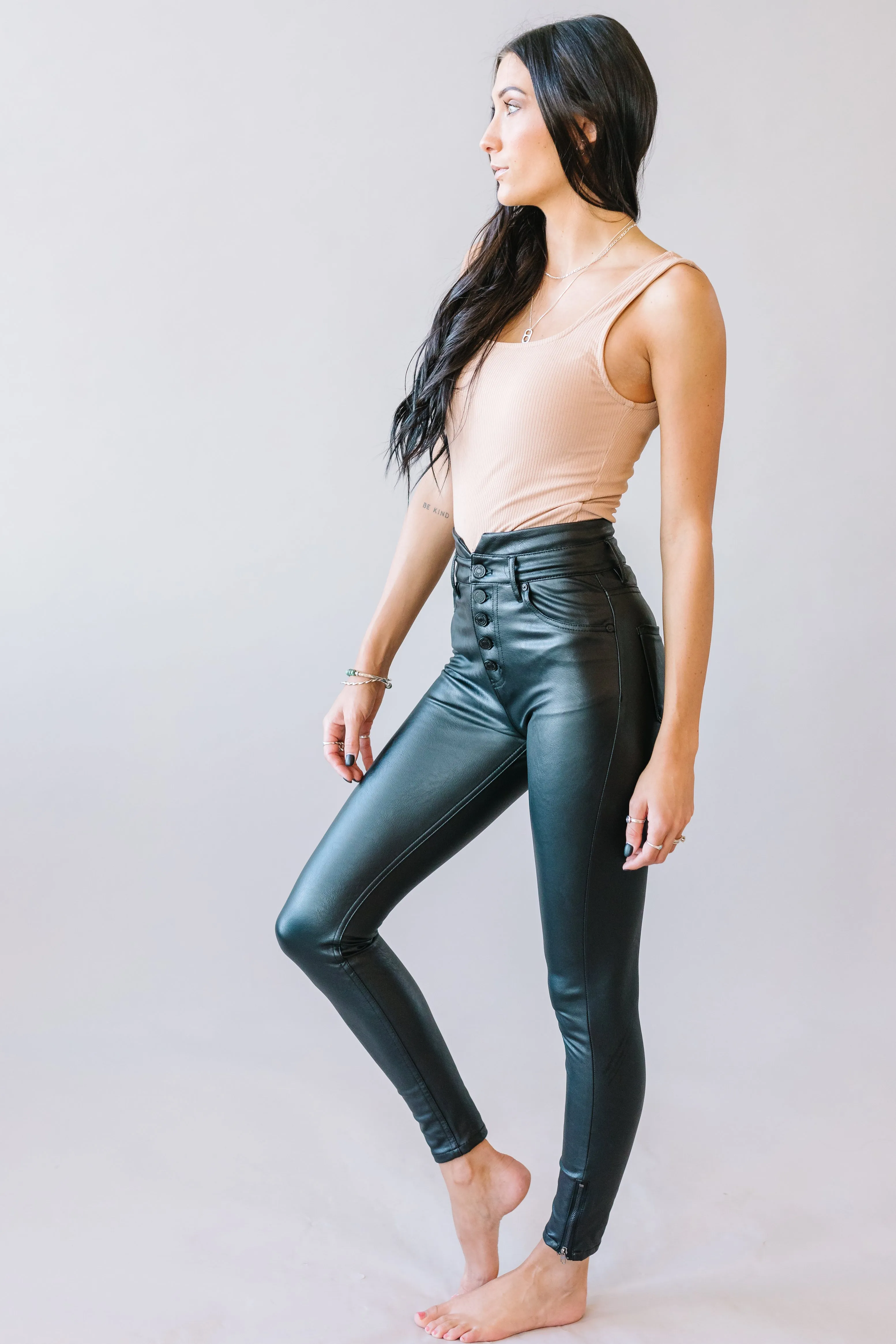 Black Magic Faux Leather Ankle Skinnies by Kancan