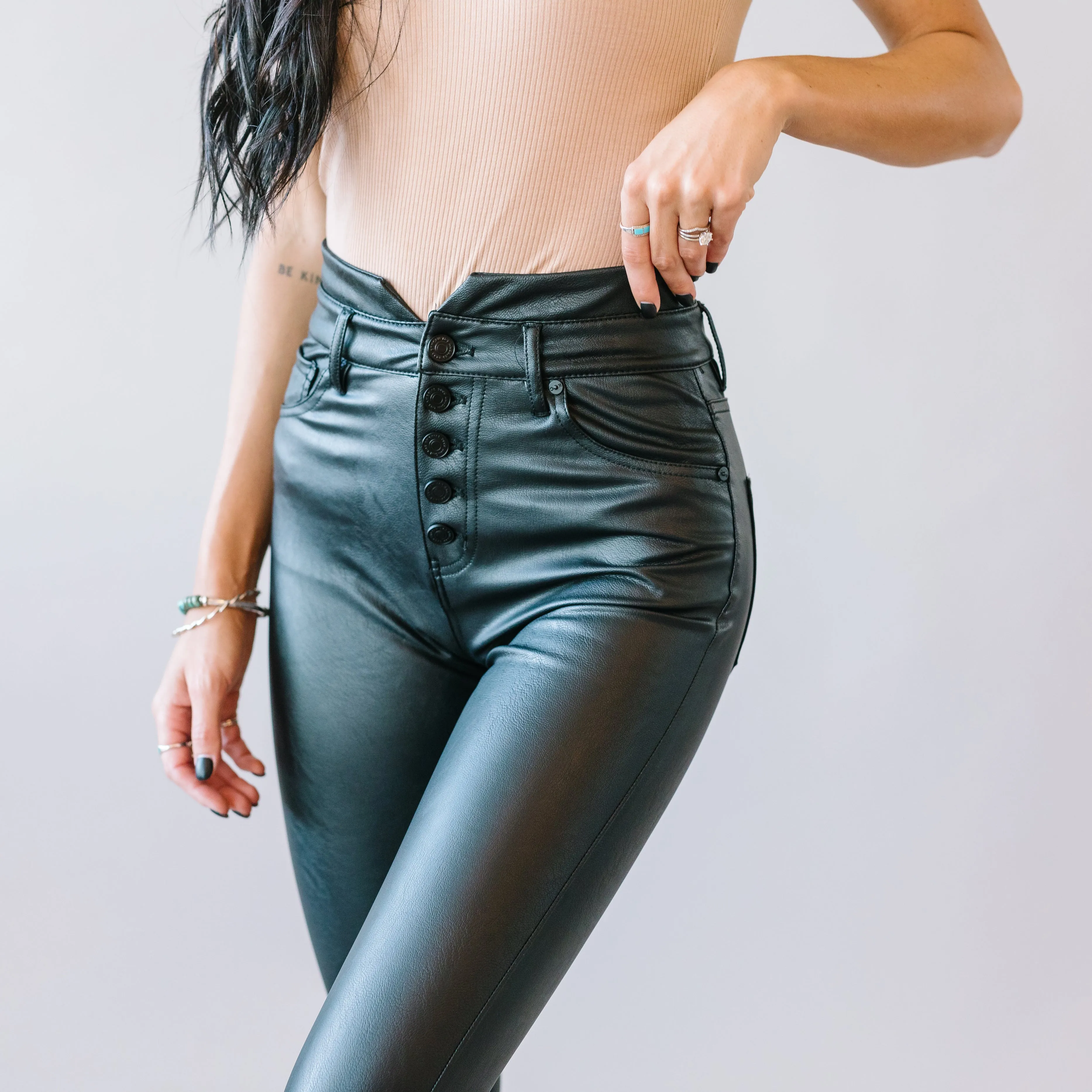Black Magic Faux Leather Ankle Skinnies by Kancan