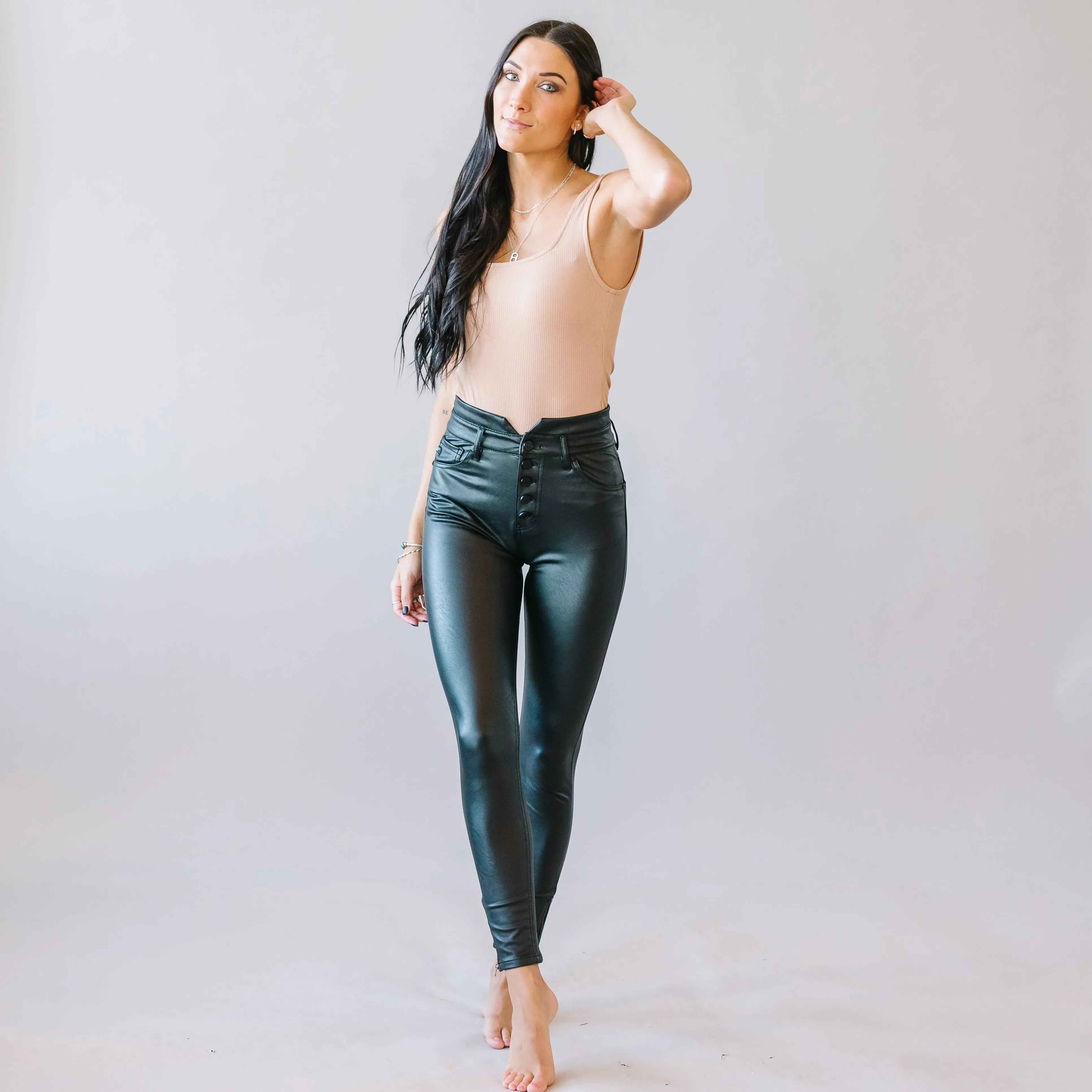Black Magic Faux Leather Ankle Skinnies by Kancan