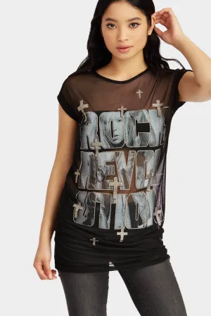 Black Printed Roll Sleeve T-Shirt
