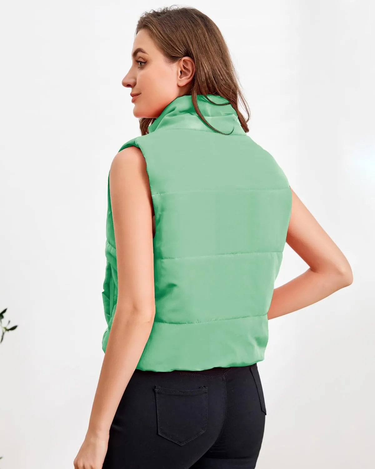 Blansdi Puffer Vest Women Sleeveless Winter Cropped Outerwear Warm Jacket Lightweight Fall Coat with Pockets