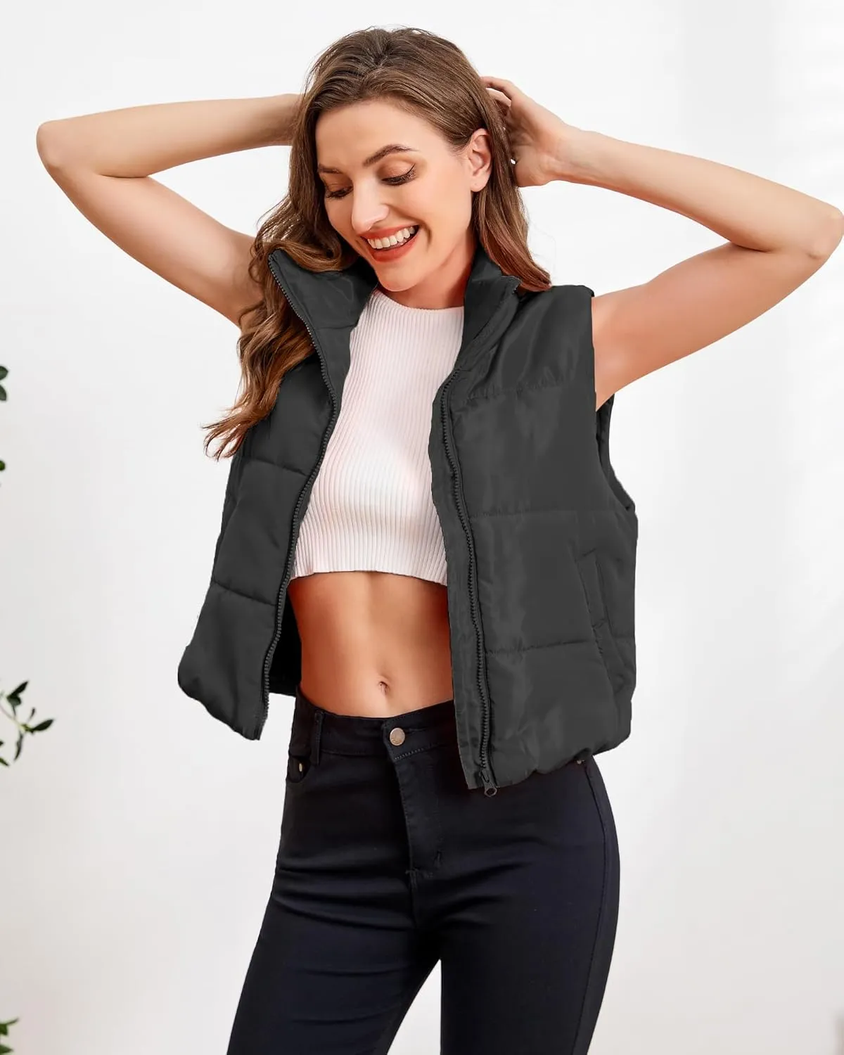 Blansdi Puffer Vest Women Sleeveless Winter Cropped Outerwear Warm Jacket Lightweight Fall Coat with Pockets