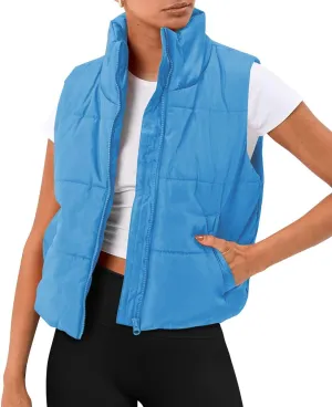 Blansdi Puffer Vest Women Sleeveless Winter Cropped Outerwear Warm Jacket Lightweight Fall Coat with Pockets