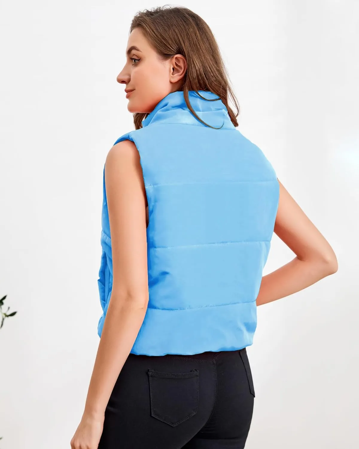 Blansdi Puffer Vest Women Sleeveless Winter Cropped Outerwear Warm Jacket Lightweight Fall Coat with Pockets