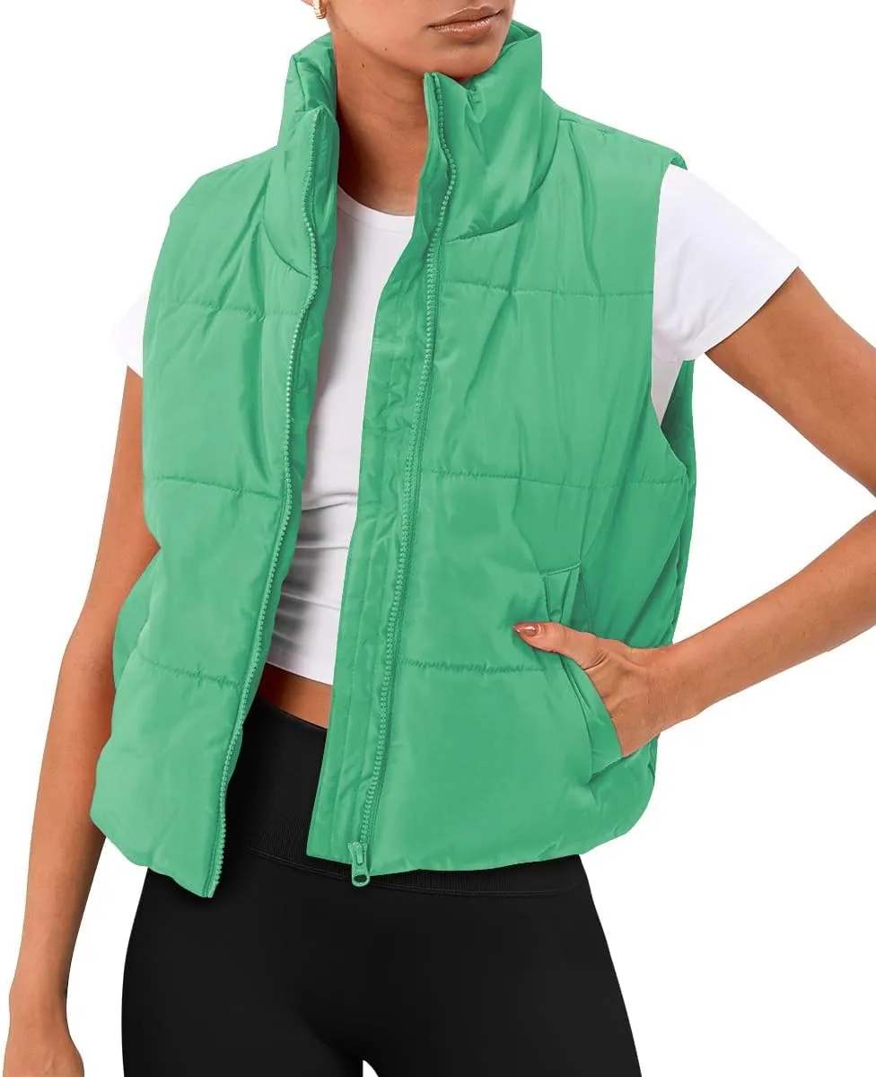 Blansdi Puffer Vest Women Sleeveless Winter Cropped Outerwear Warm Jacket Lightweight Fall Coat with Pockets