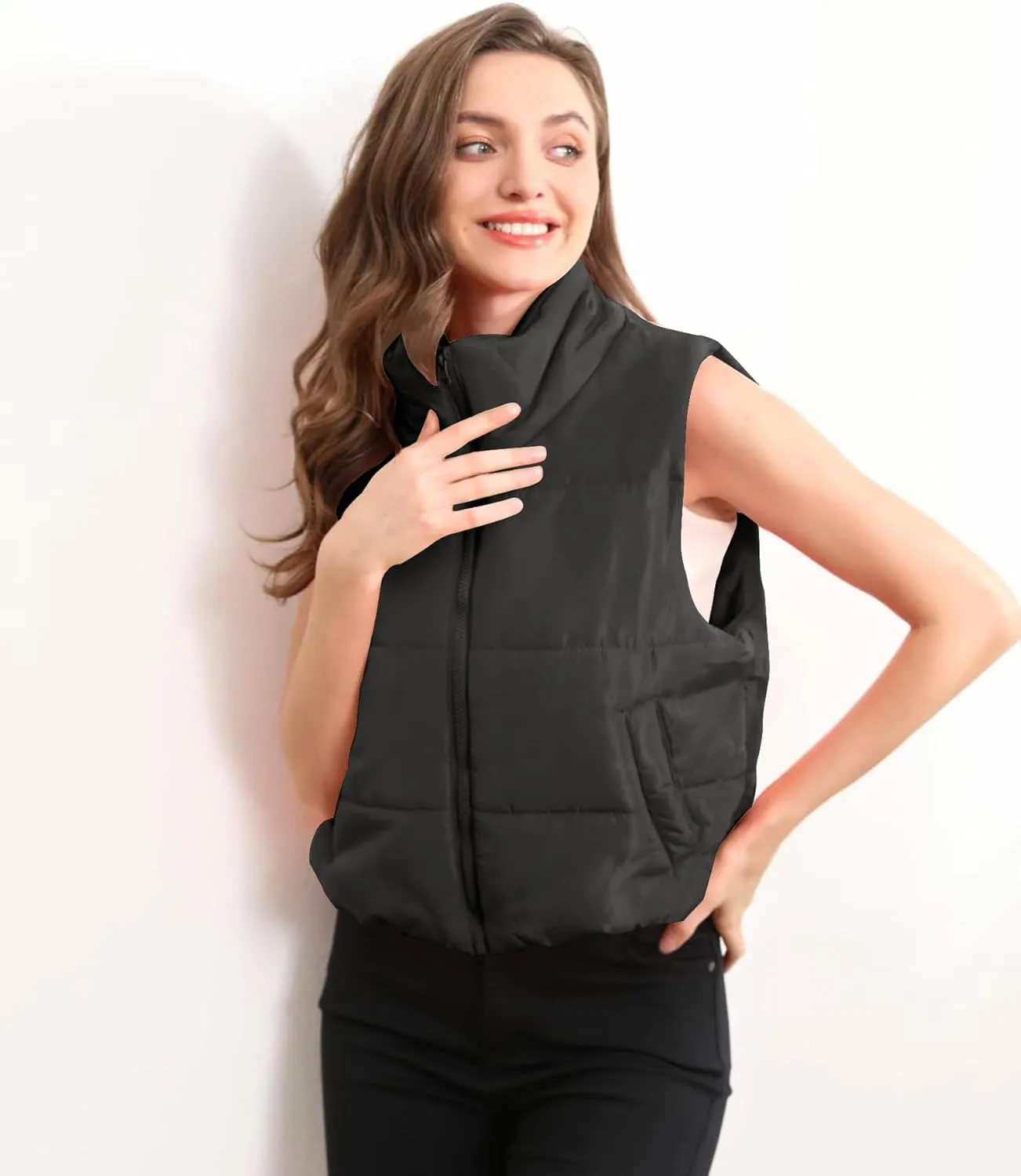 Blansdi Puffer Vest Women Sleeveless Winter Cropped Outerwear Warm Jacket Lightweight Fall Coat with Pockets