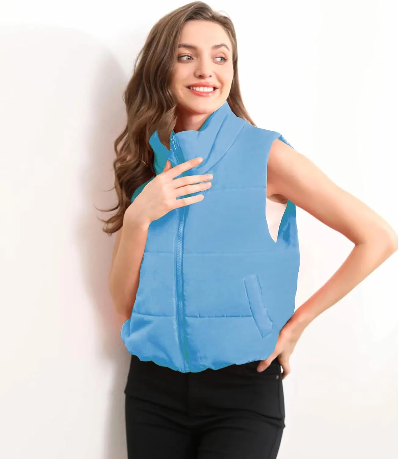 Blansdi Puffer Vest Women Sleeveless Winter Cropped Outerwear Warm Jacket Lightweight Fall Coat with Pockets