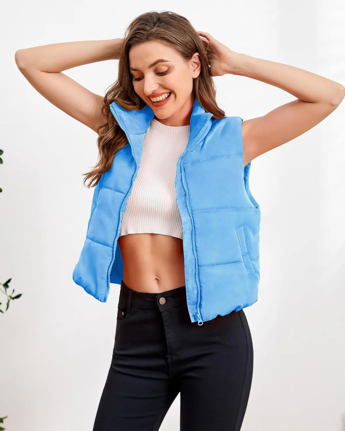 Blansdi Puffer Vest Women Sleeveless Winter Cropped Outerwear Warm Jacket Lightweight Fall Coat with Pockets