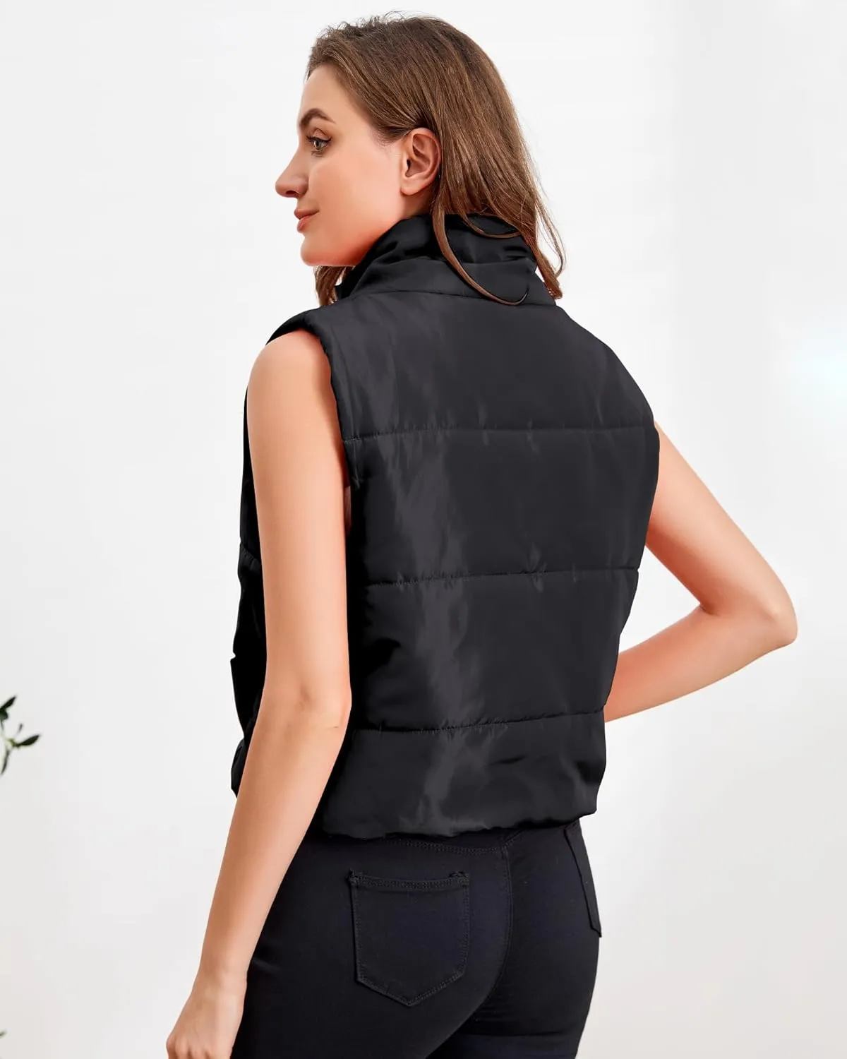Blansdi Puffer Vest Women Sleeveless Winter Cropped Outerwear Warm Jacket Lightweight Fall Coat with Pockets