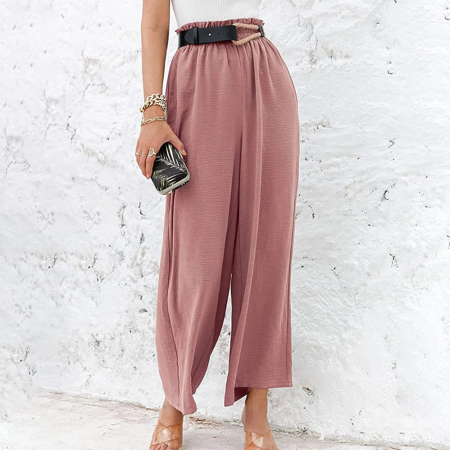 Ceboyel Wide Leg Palazzo Pants for Women High Waist Gaucho Pants Elastic Flowy Culottes Summer Beach Trousers 2023