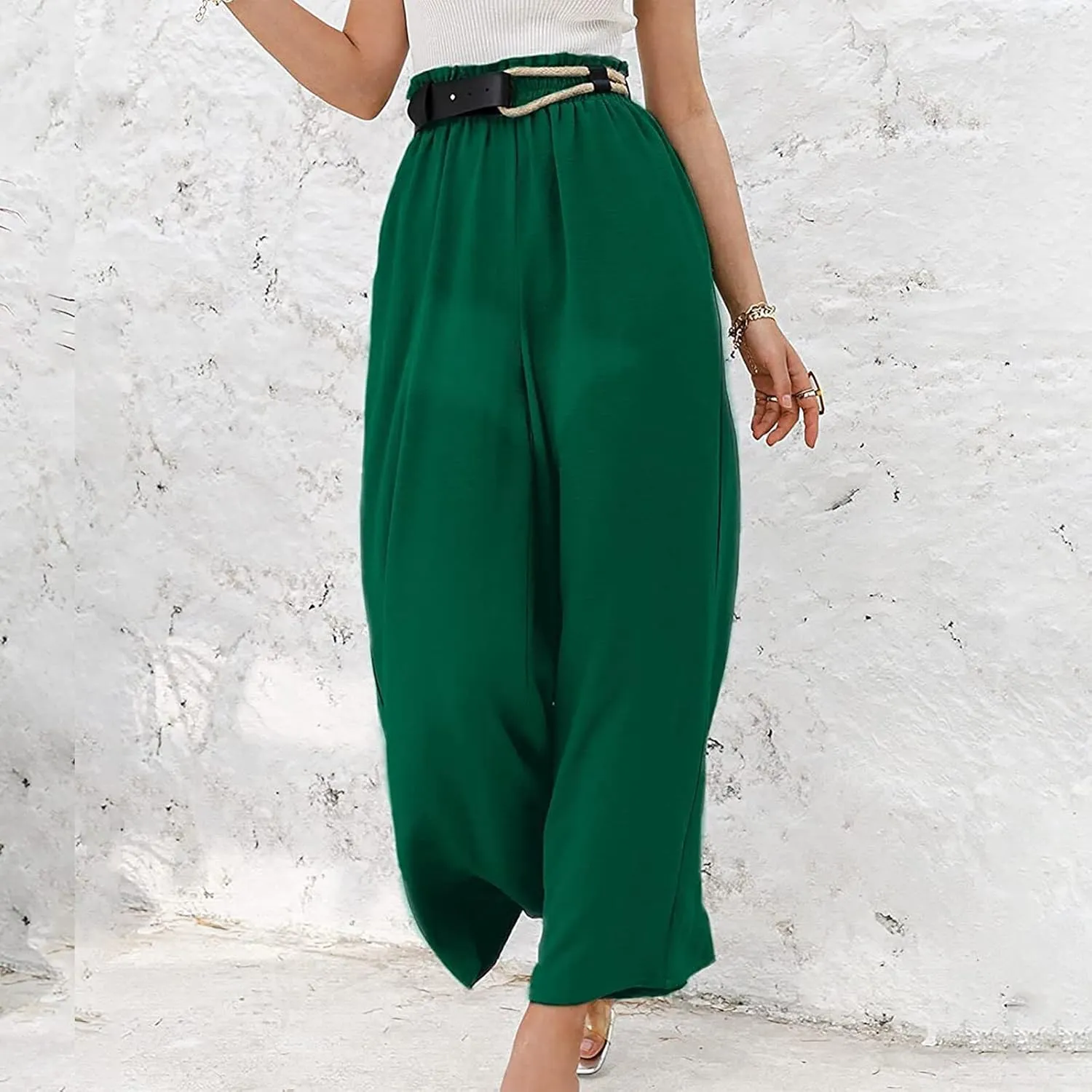 Ceboyel Wide Leg Palazzo Pants for Women High Waist Gaucho Pants Elastic Flowy Culottes Summer Beach Trousers 2023