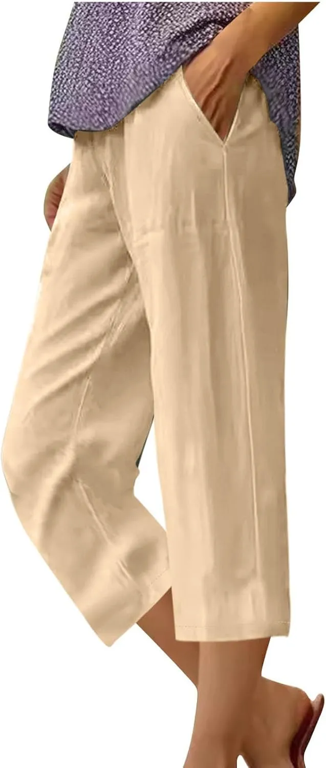 Cotton Linen Capris Trousers Women Elasticated Waist Cropped Pants Summer Pant Plain Breathable Loose Fit Capri Trouser