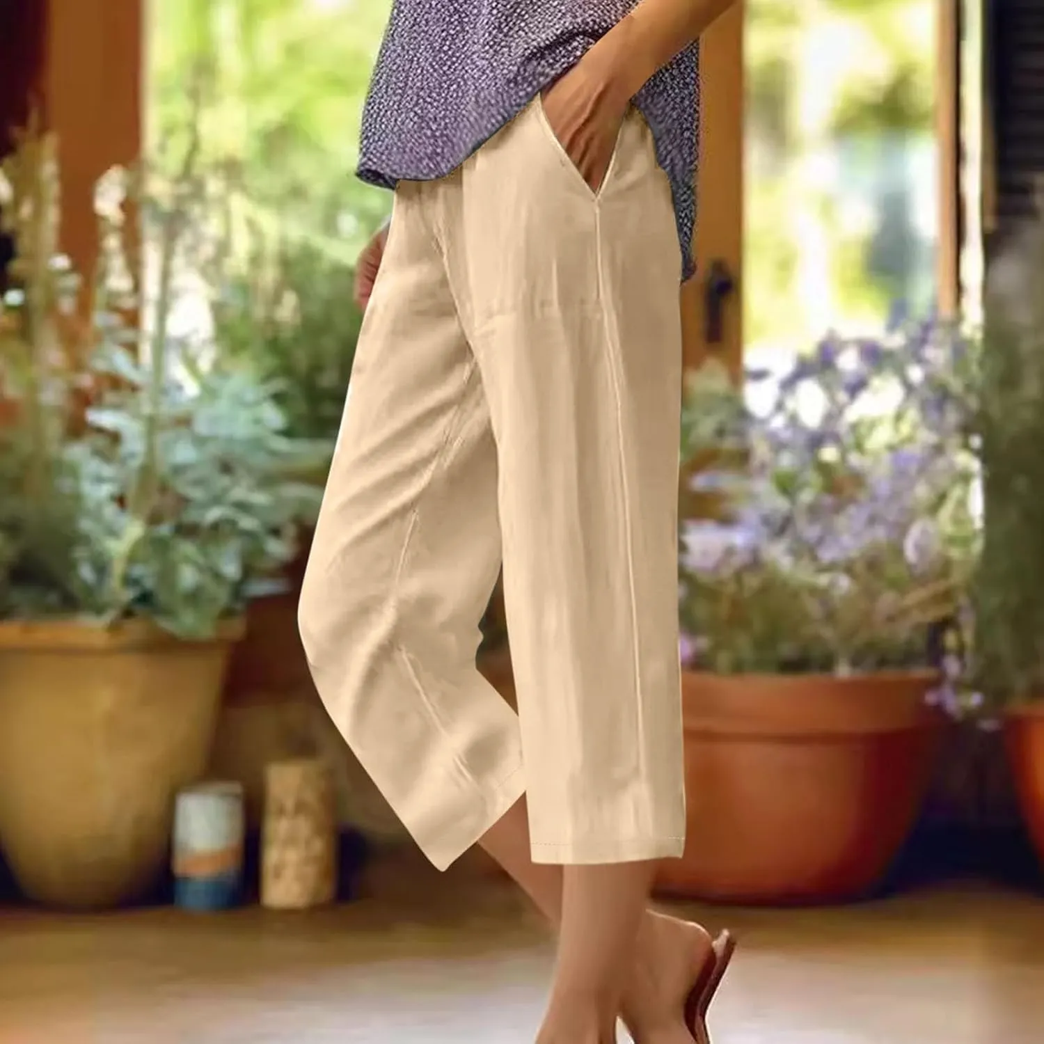 Cotton Linen Capris Trousers Women Elasticated Waist Cropped Pants Summer Pant Plain Breathable Loose Fit Capri Trouser