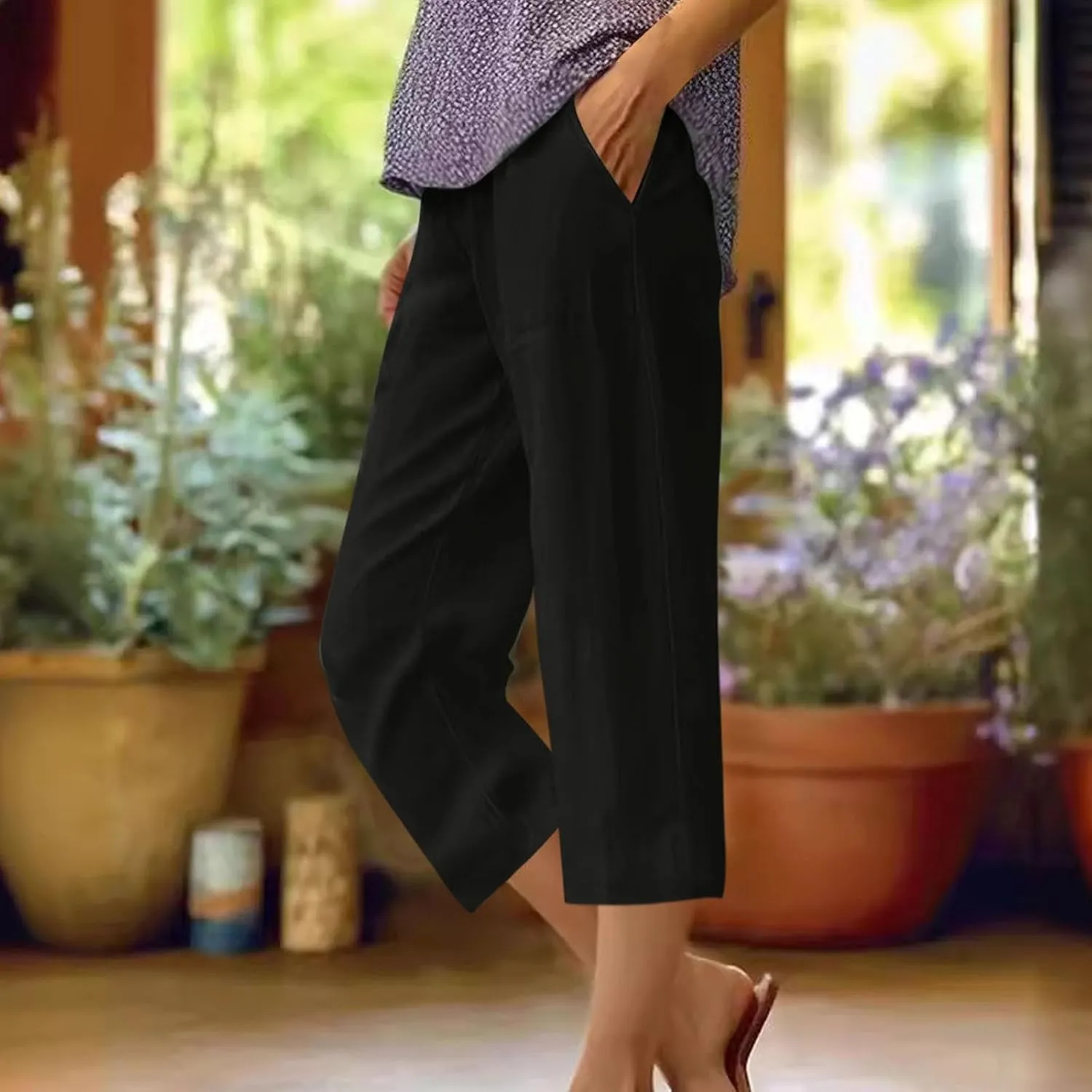 Cotton Linen Capris Trousers Women Elasticated Waist Cropped Pants Summer Pant Plain Breathable Loose Fit Capri Trouser