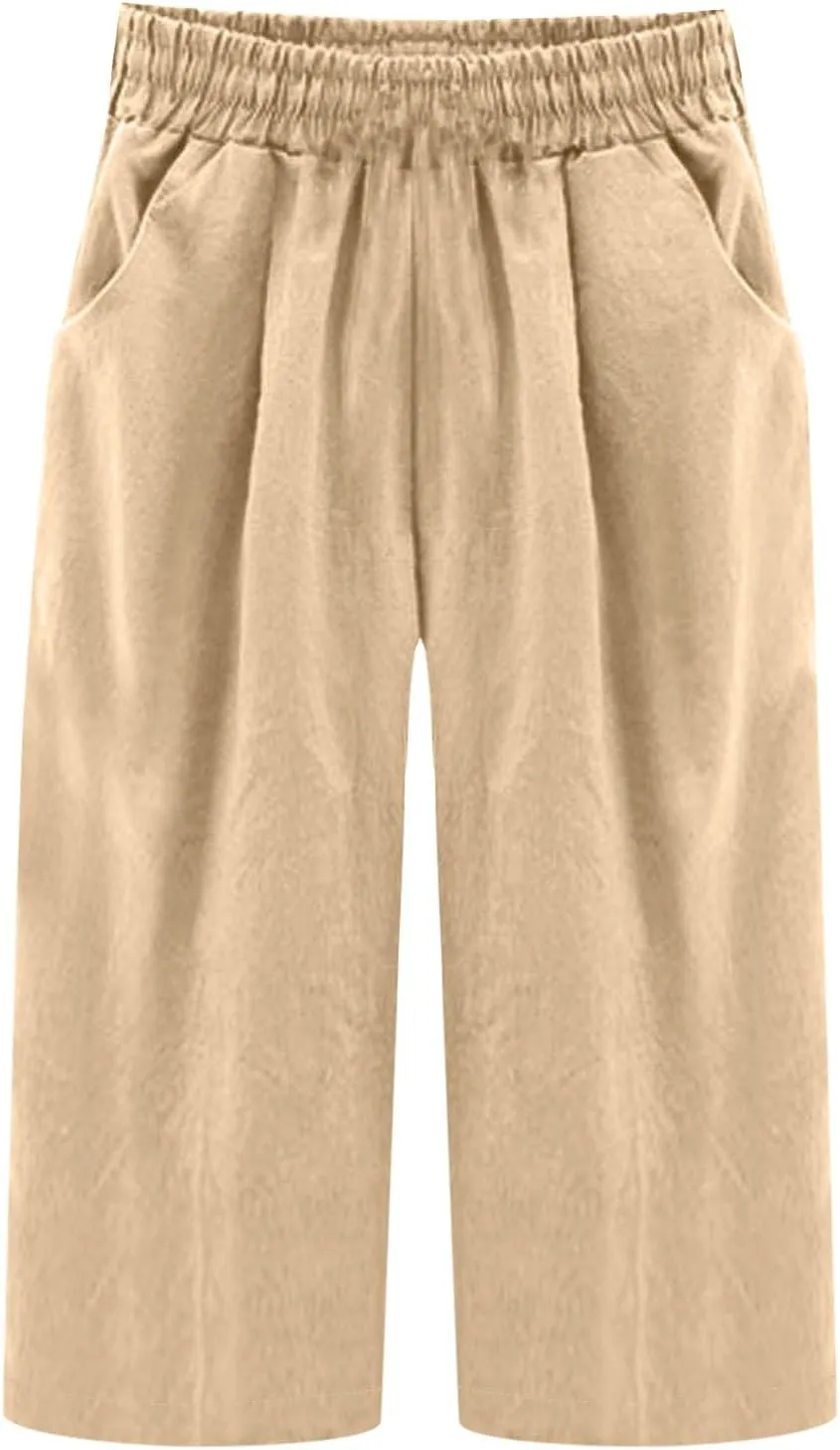 Cotton Linen Capris Trousers Women Elasticated Waist Cropped Pants Summer Pant Plain Breathable Loose Fit Capri Trouser