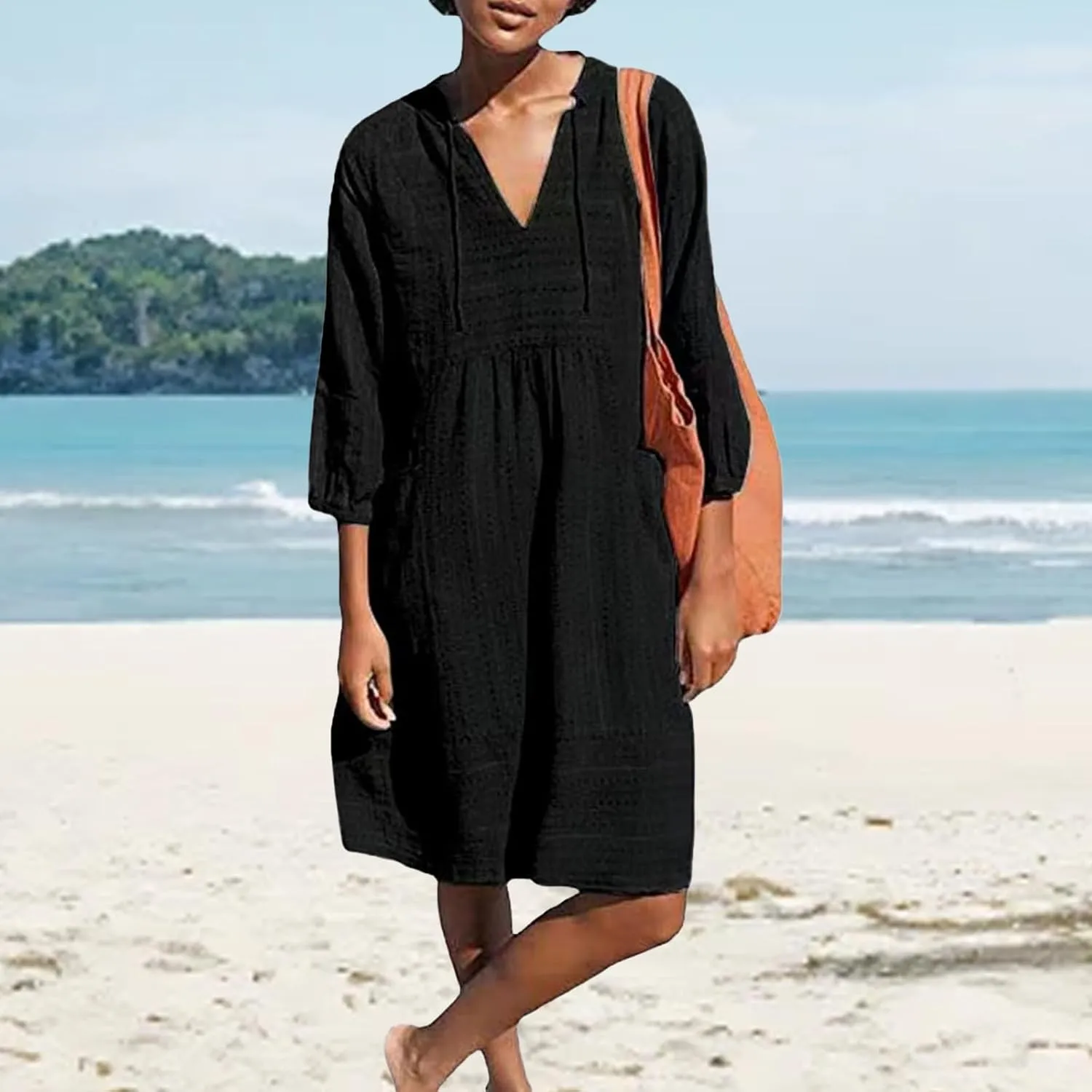 Cotton Linen Dresses for Women V Neck 3/4 Sleeve Tunic Smock Mini Dress Summer Casual Loose Dresses with Pockets