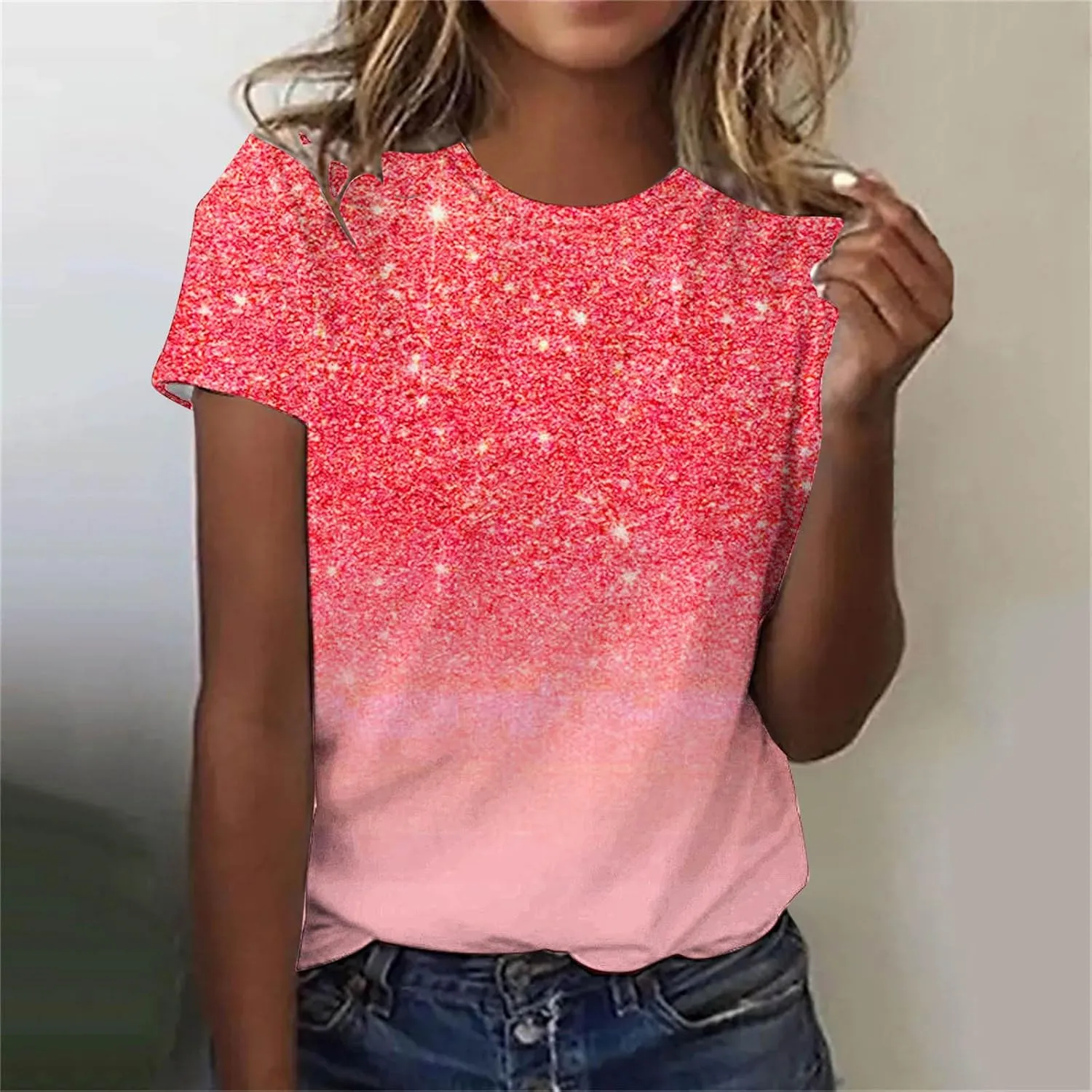 Cute Summer Shirts for Women 2024 Trendy Sparkly Print Short Sleeve Petite Tops Dressy Casual Graphic Tees