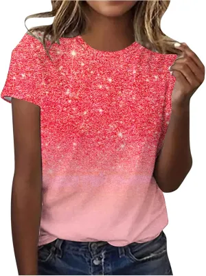 Cute Summer Shirts for Women 2024 Trendy Sparkly Print Short Sleeve Petite Tops Dressy Casual Graphic Tees