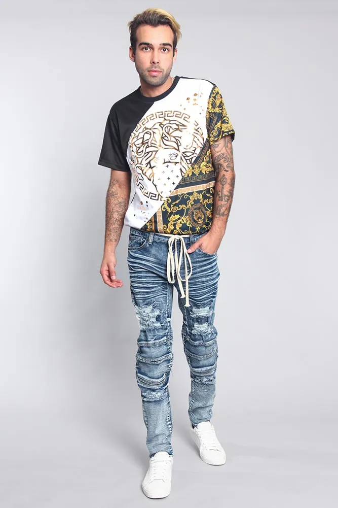 Distressed Moto Biker Denim Jeans