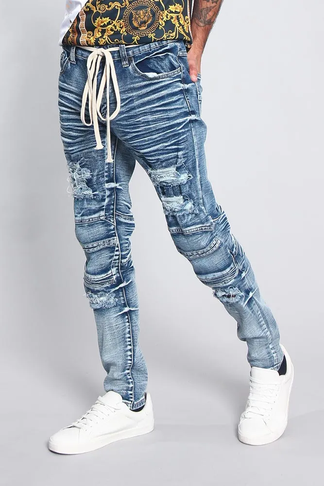 Distressed Moto Biker Denim Jeans