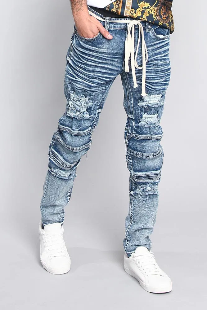 Distressed Moto Biker Denim Jeans