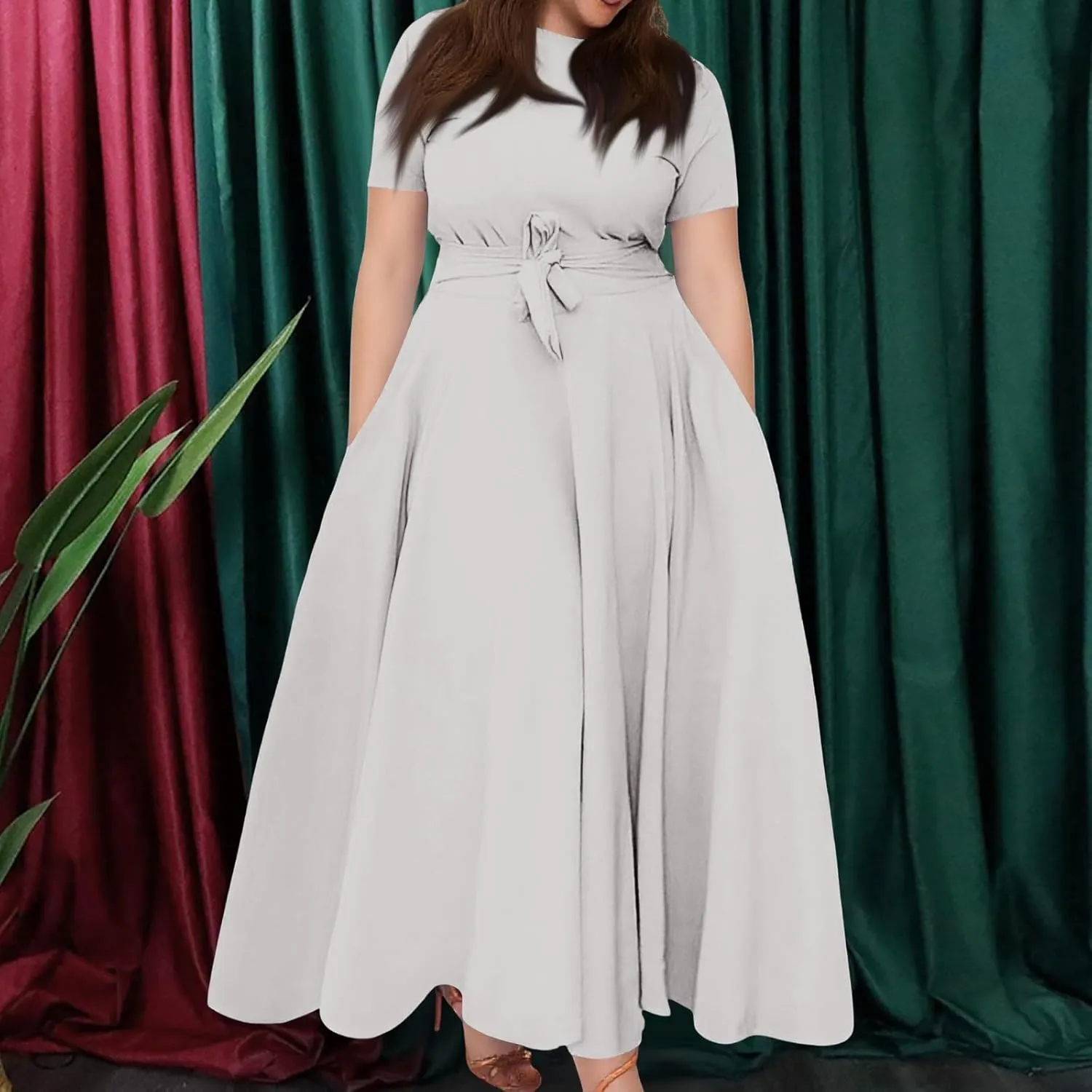 Dresses for Women 2025 Casual Plus Size Short Sleeve Crewneck Long Dress Formal A Line Smocked Maxi Dresses