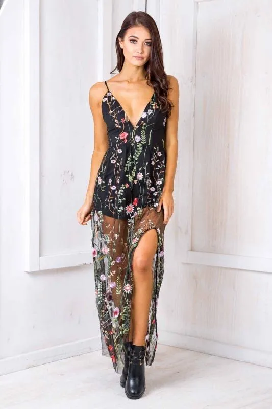 Enchanted Evening Embroidered Lace Maxi Dress in Black