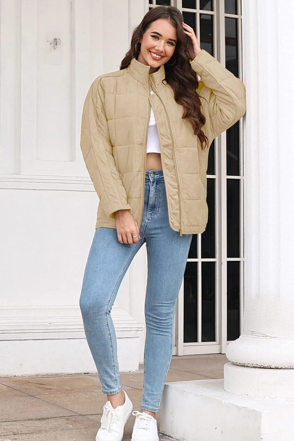 ETCYY Women's Causal Lightweight Quilted Jackets Long Sleeve Oversized Warm Winter Zip Up Coat with Pockets