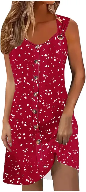 Floral Dress for Women Casual Button Trim Sleeveless V Neck Mini Sundress O-Ring Straps Cover Ups Beach Tank Dresses