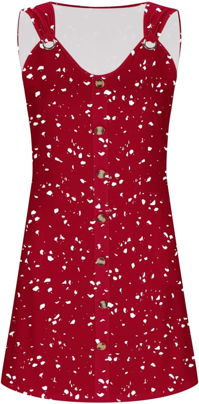 Floral Dress for Women Casual Button Trim Sleeveless V Neck Mini Sundress O-Ring Straps Cover Ups Beach Tank Dresses