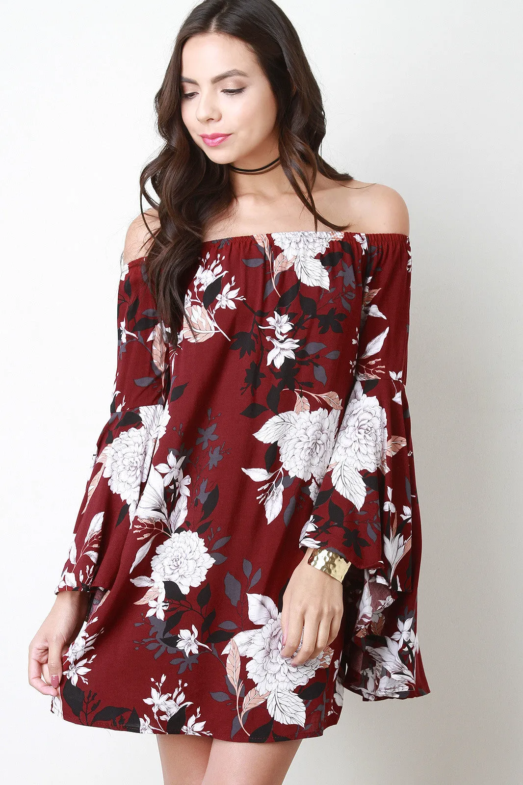 Floral Print Bell Sleeve Off-The-Shoulder Shift Dress