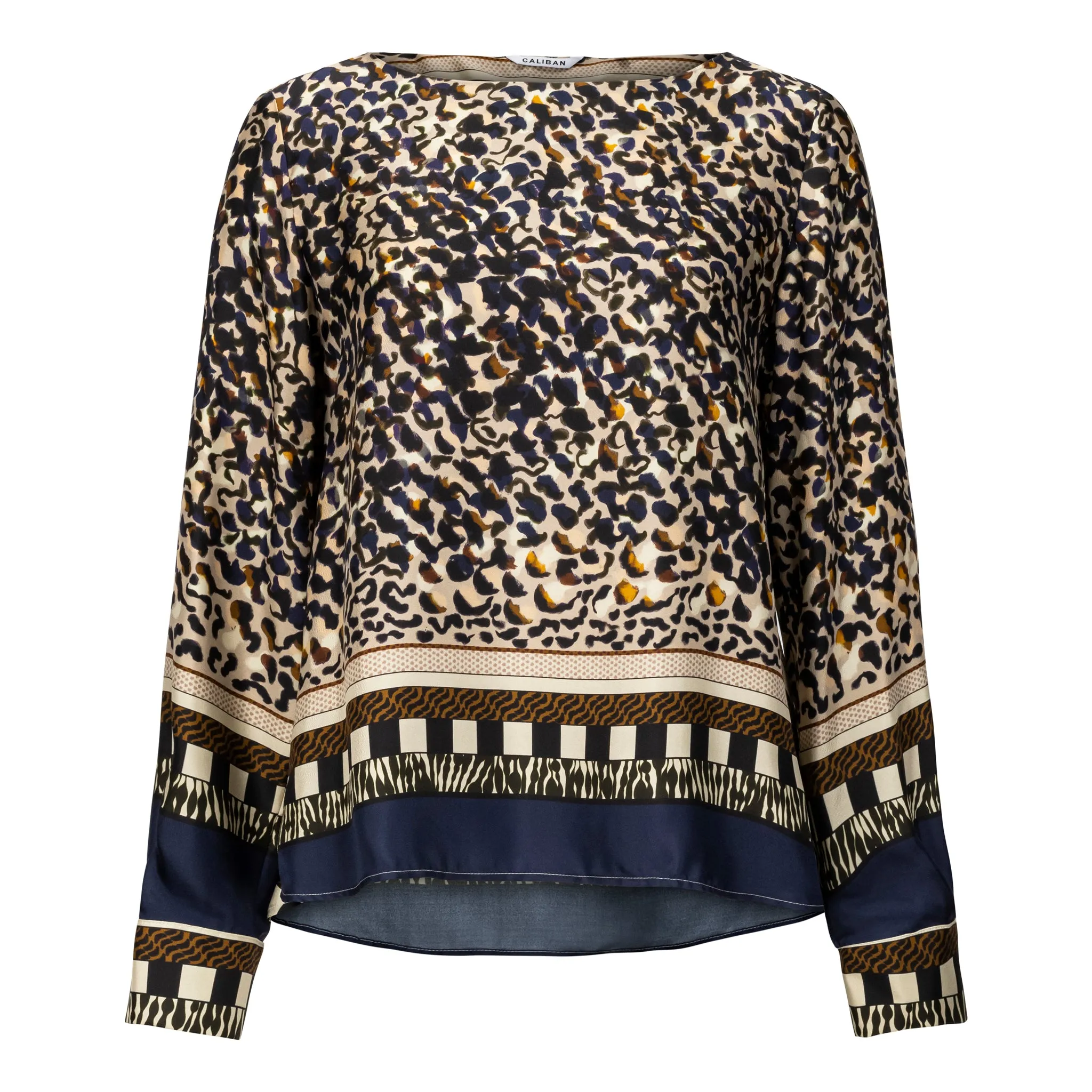 Geometrical Leopard Silk Boat Neck Blouse